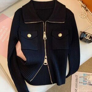 SALE:   NWT GORGEOUS SEXY  BLACK KNIT DOUBLE ZIP SWEATER